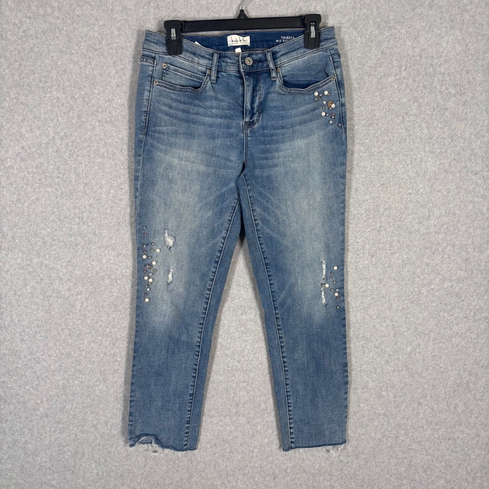 Nicole Miller Tribeca Embellished Jeans Size 6 Crop‎ Jewels Pearls  Distressed